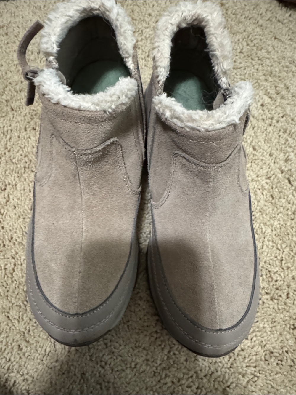 Easy Spirit Women's Taupe Suede Ankle Booties with Cream Faux Fur Trim